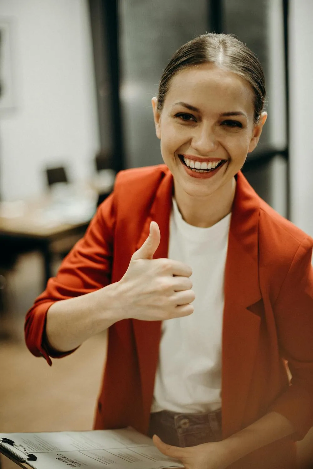 thumbs up business woman happy thumbs up